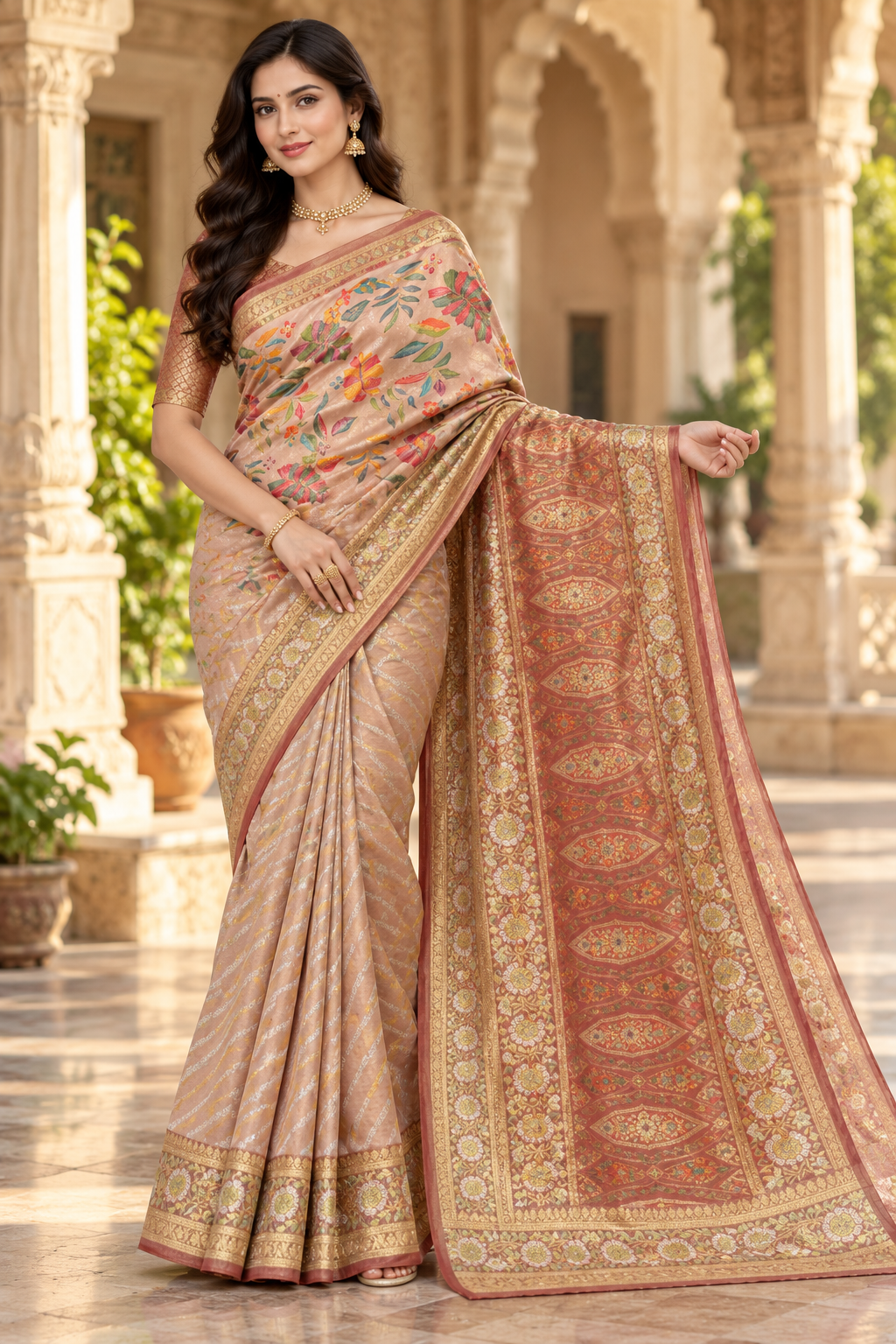 Elegant Grey Floral Banarasi Silk Saree