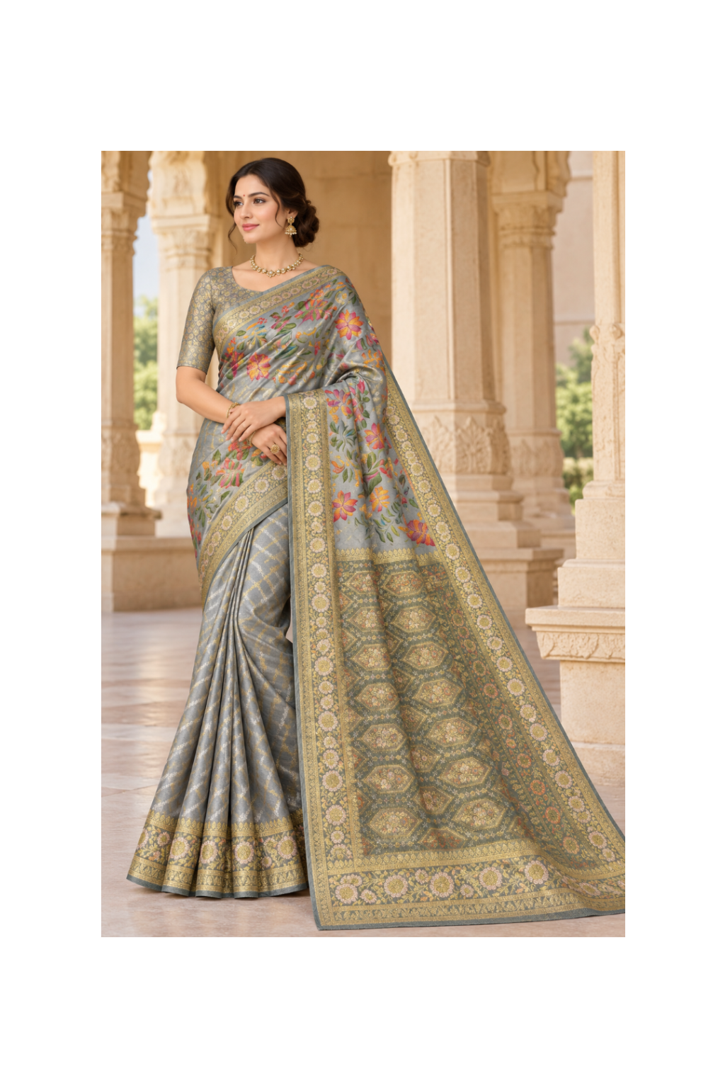 Elegant Grey Floral Banarasi Silk Saree Main image