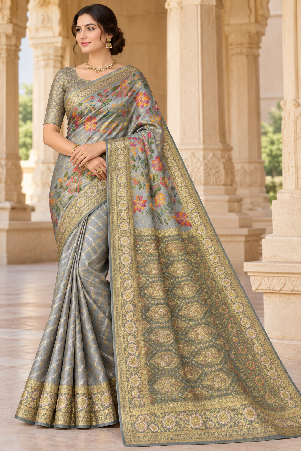 Elegant Grey Floral Banarasi Silk Saree
