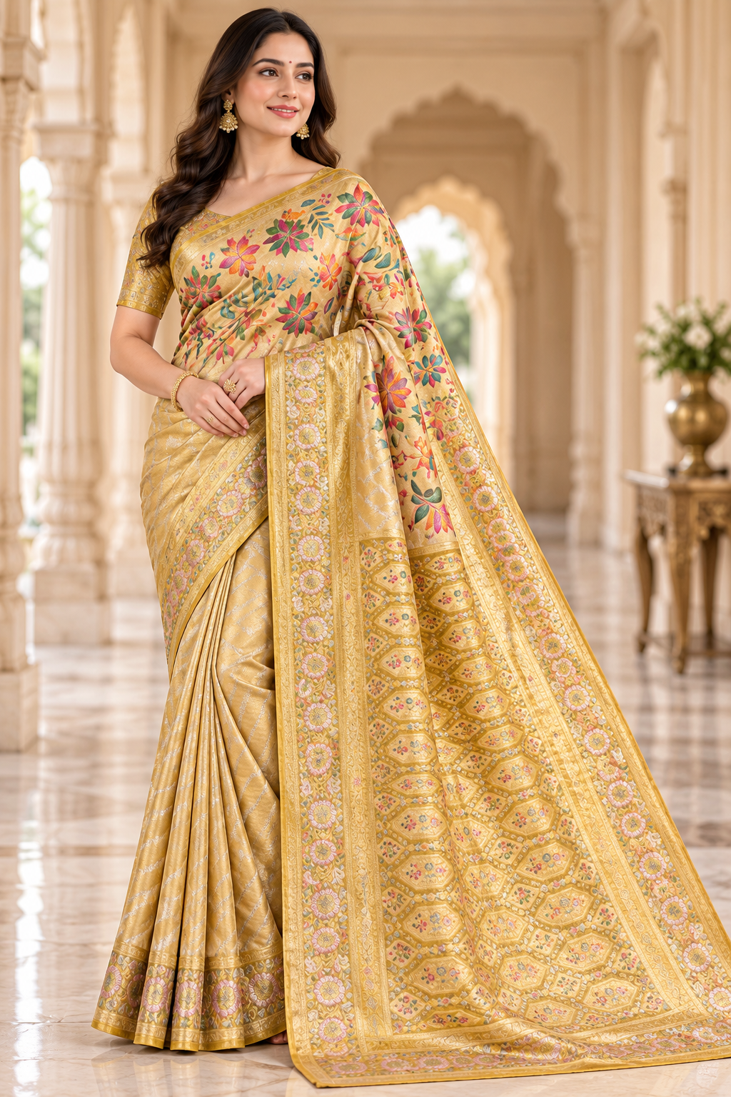 Elegant Grey Floral Banarasi Silk Saree