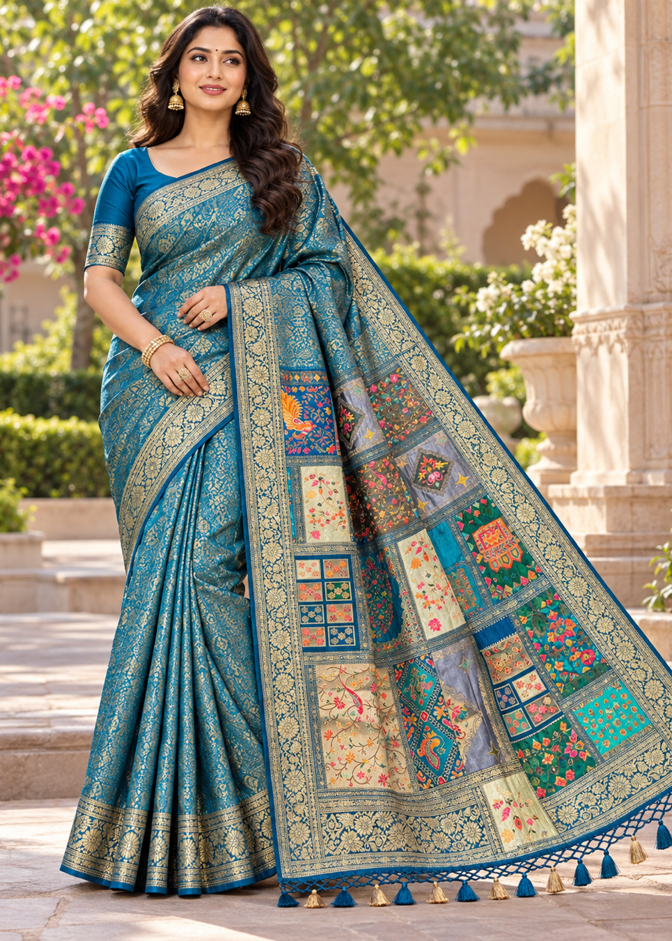 Teal Blue Silk Banarasi Saree with Woven Floral Jaal & Multi-Color Patchwork Pallu