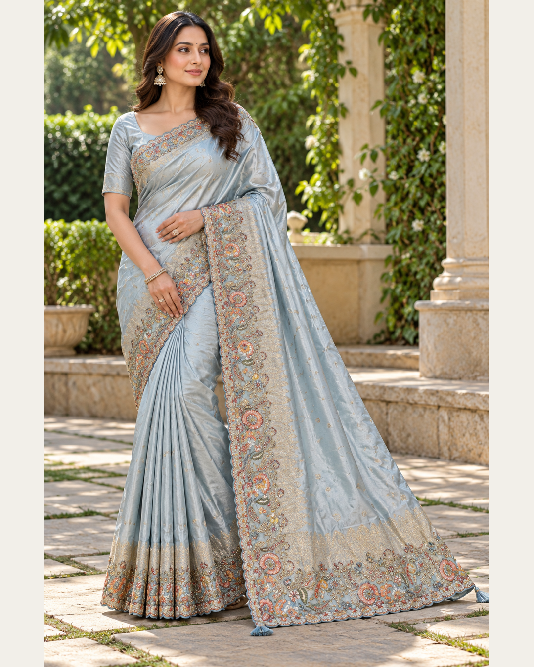 Blue Saree with Floral Embroidery