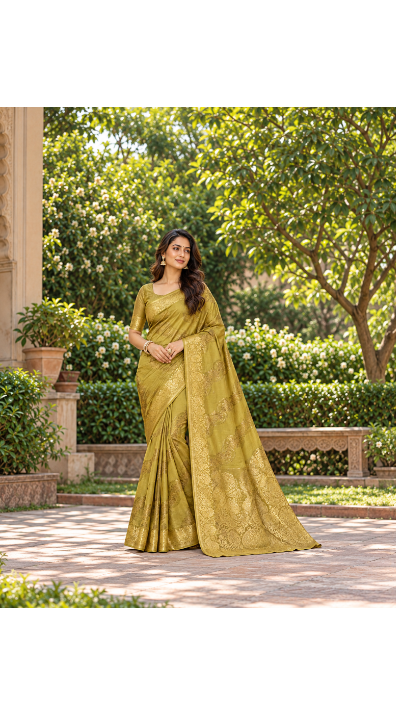 Radiant Olive Gold Zari Silk Saree