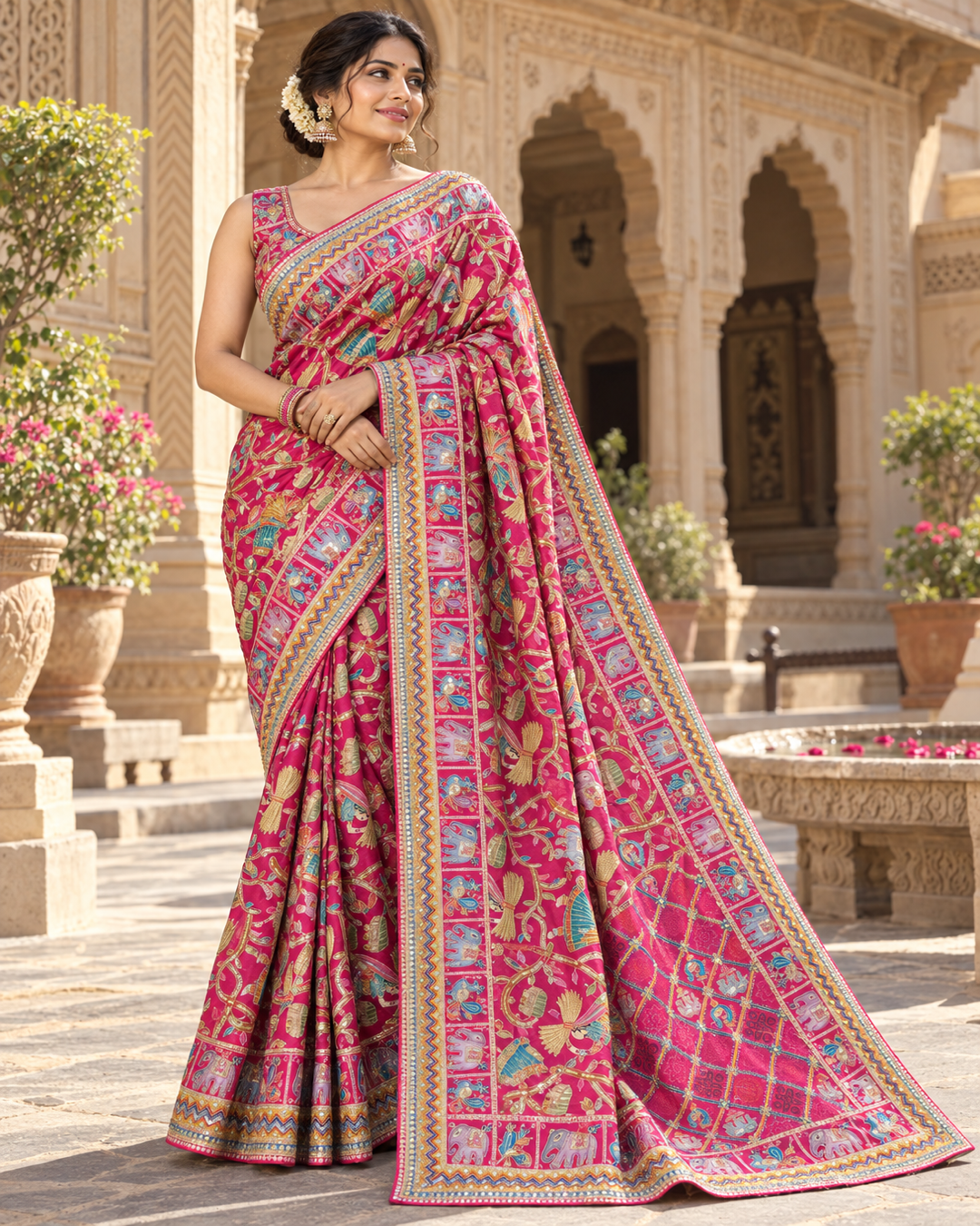Coral Pink Multicolour Printed Saree with Traditional Border Main image