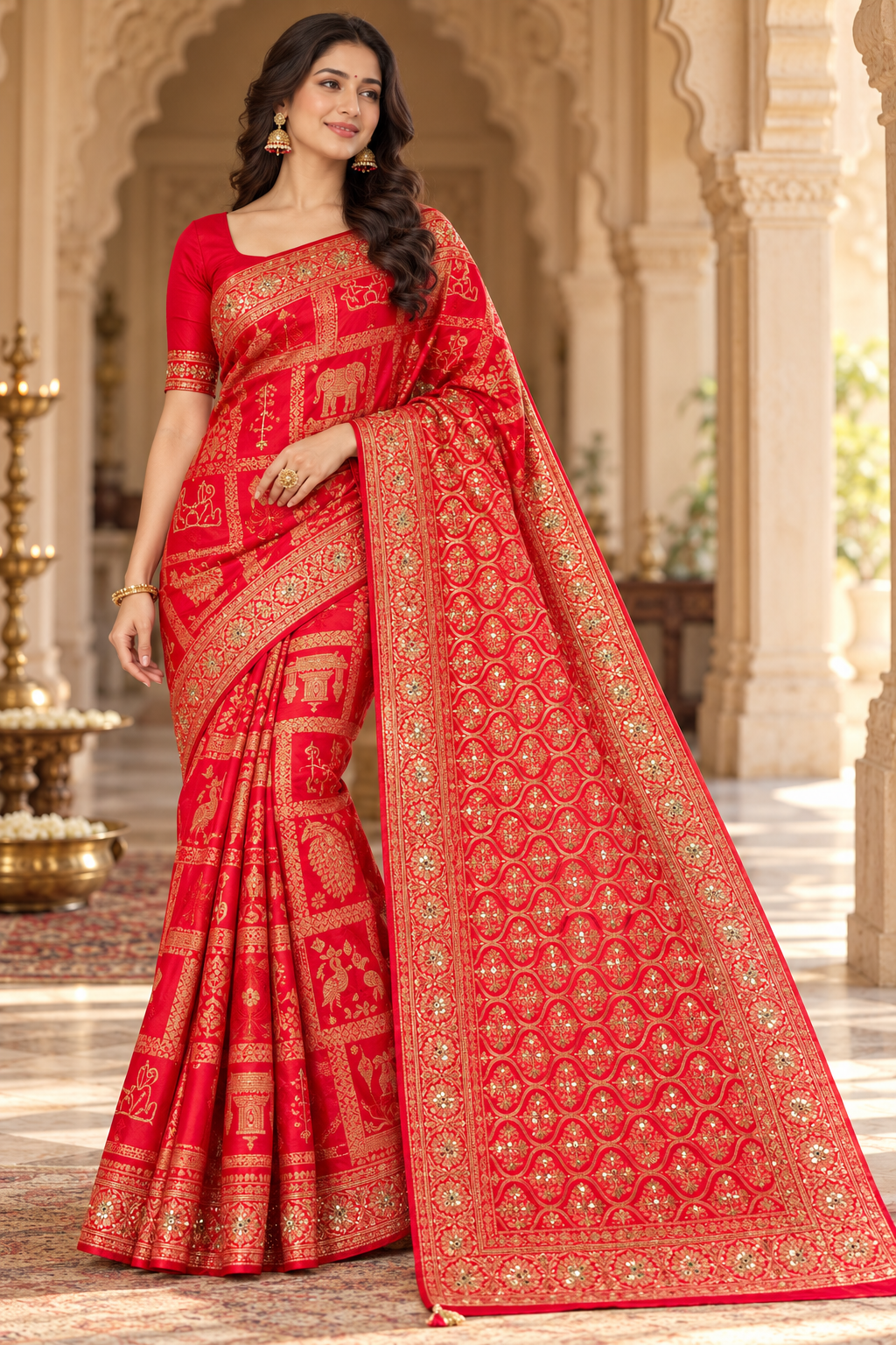 Crimson Red Elephant and Floral Motifs Saree