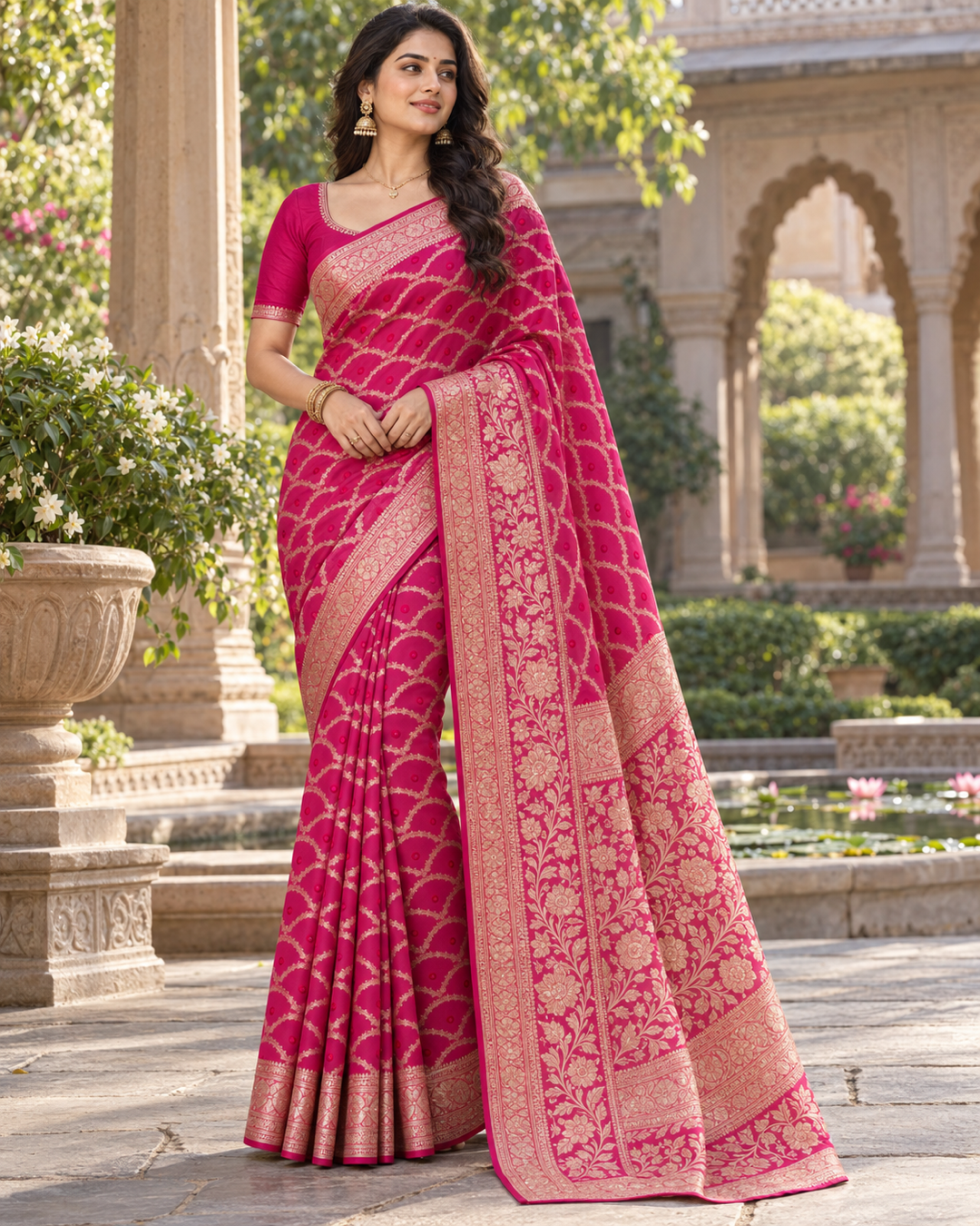 Rani Pink Silk Banarasi Saree with Gold Zari Ogee Lattice & Woven Floral Brocade Pallu