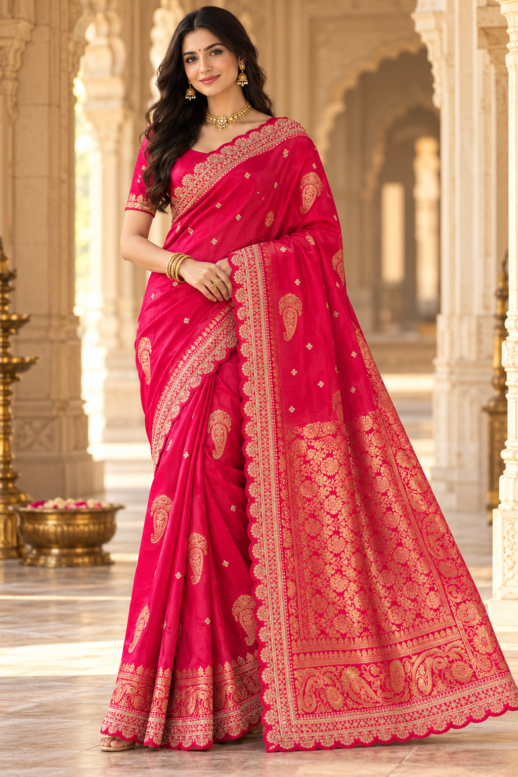 Vibrant Magenta Saree with Gold Paisley Motifs Main image
