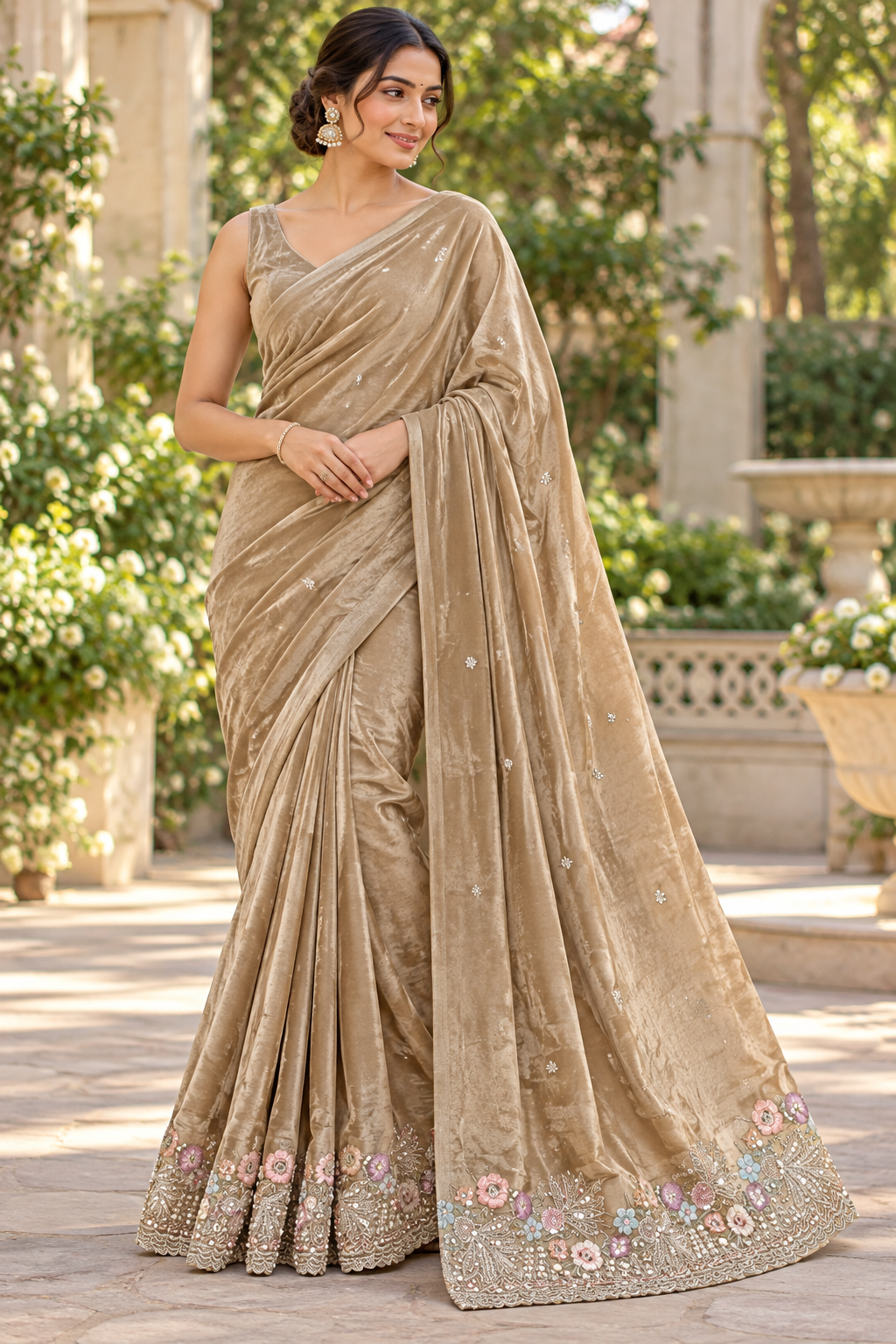 Beige Velvet Saree with Pastels Floral Embroidered Border & Sequined Micro-Buttis