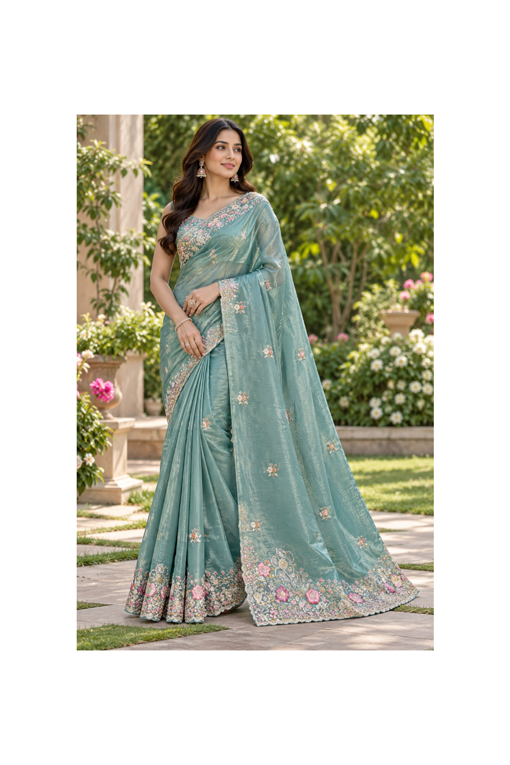 Dusty Teal Embroidered Tissue Saree Main image