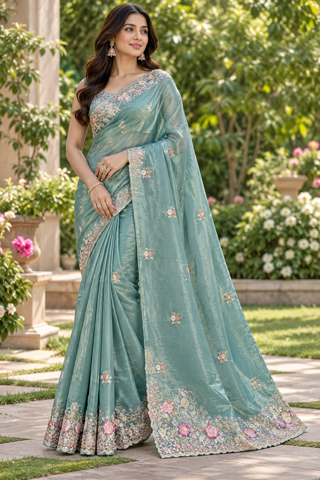 Dusty Teal Embroidered Tissue Saree