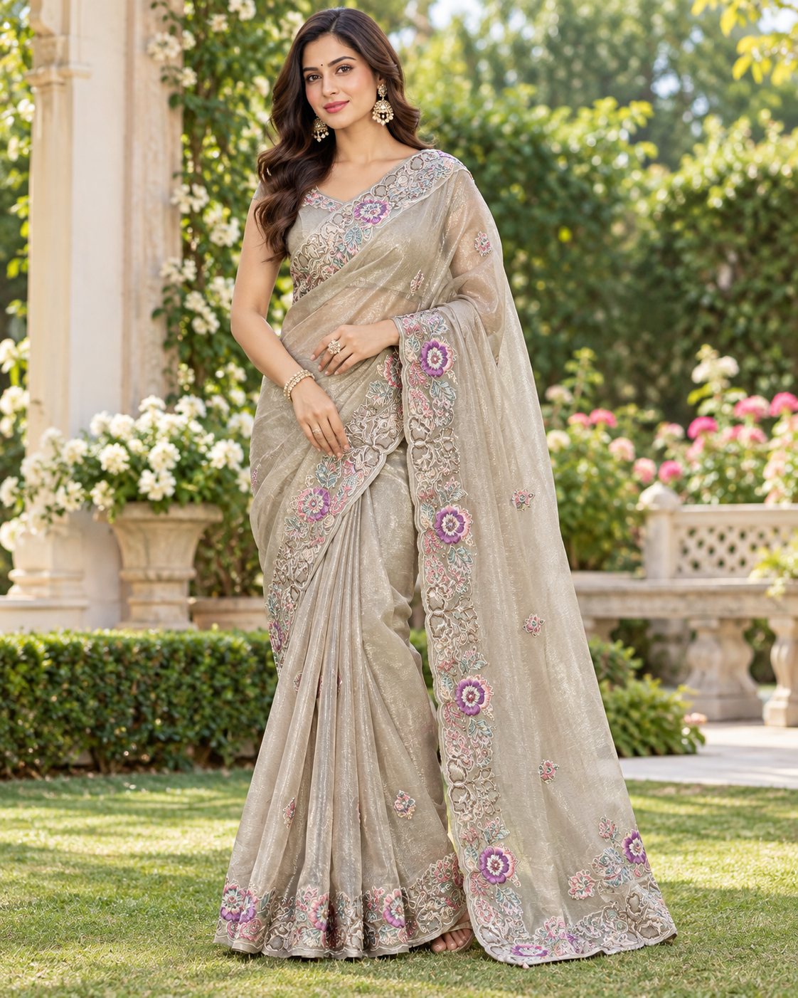 Silver Grey Embroidered Organza Saree