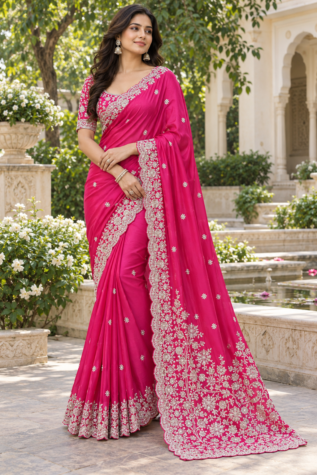 Vibrant Rani Pink Silk Saree with Silver Zardozi Floral Motifs & Heavy Scalloped Border