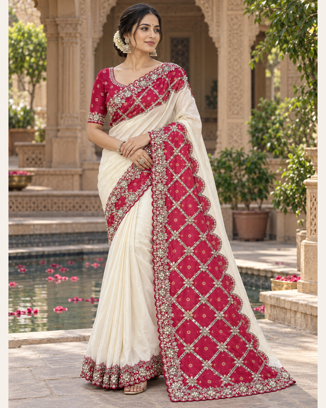 Ivory White Saree with Red Diamond Patterned Embroidered Border Main image