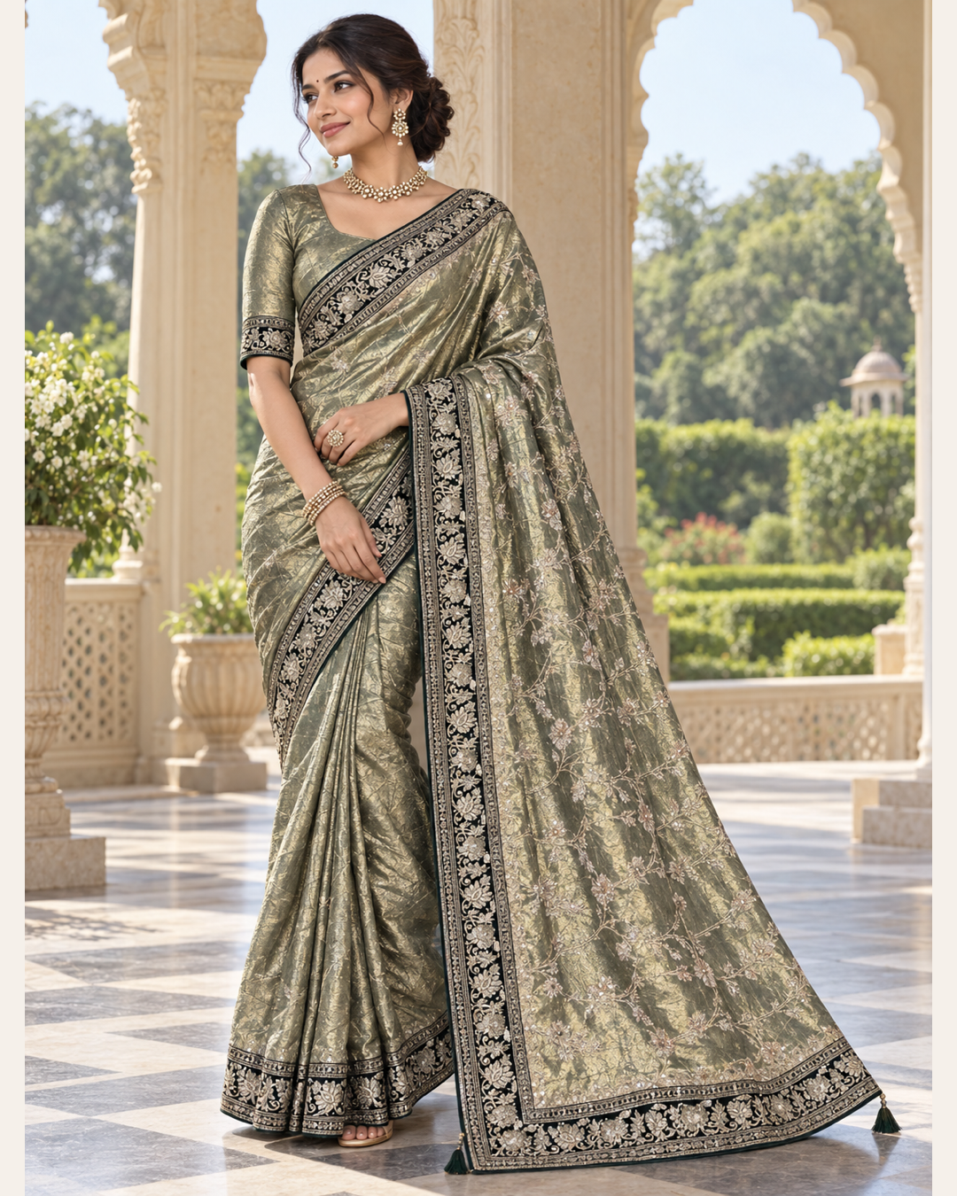 Greyish Olive and Antique Gold Floral Saree Main image