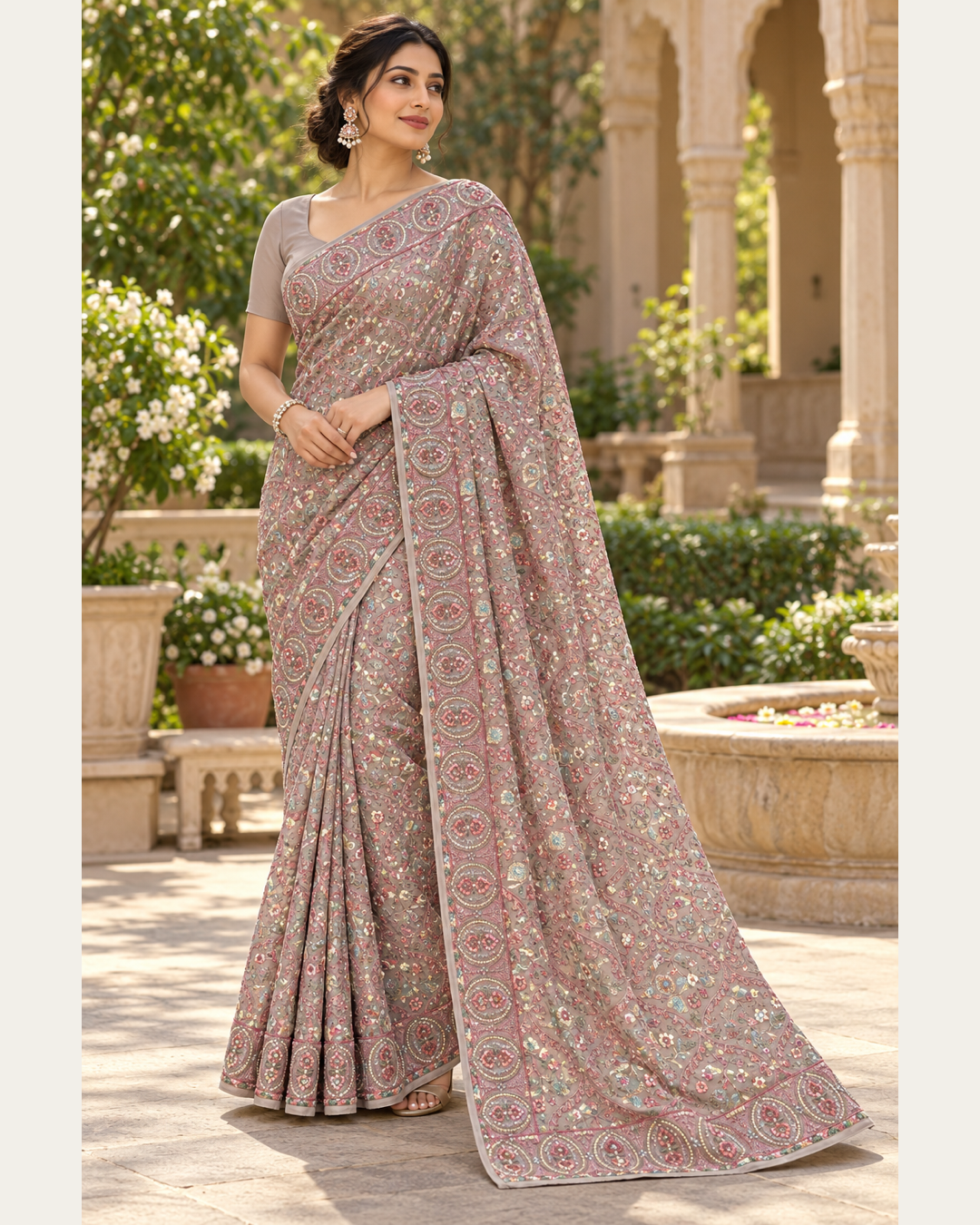 Taupe Embellished Saree with Ornate Border