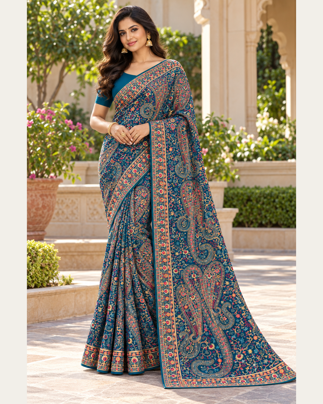 Peacock Blue Saree with Floral Paisley Detailing Main image