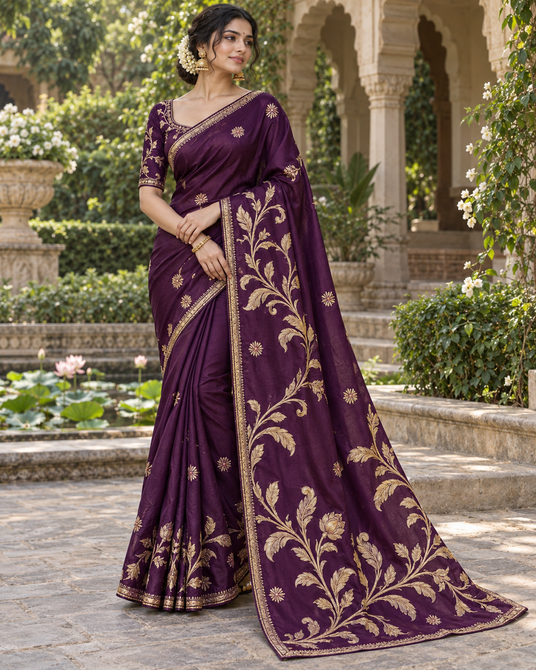Royal Plum Silk Saree with Gold Zardozi Floral Creepers & Embroidered Pallu
