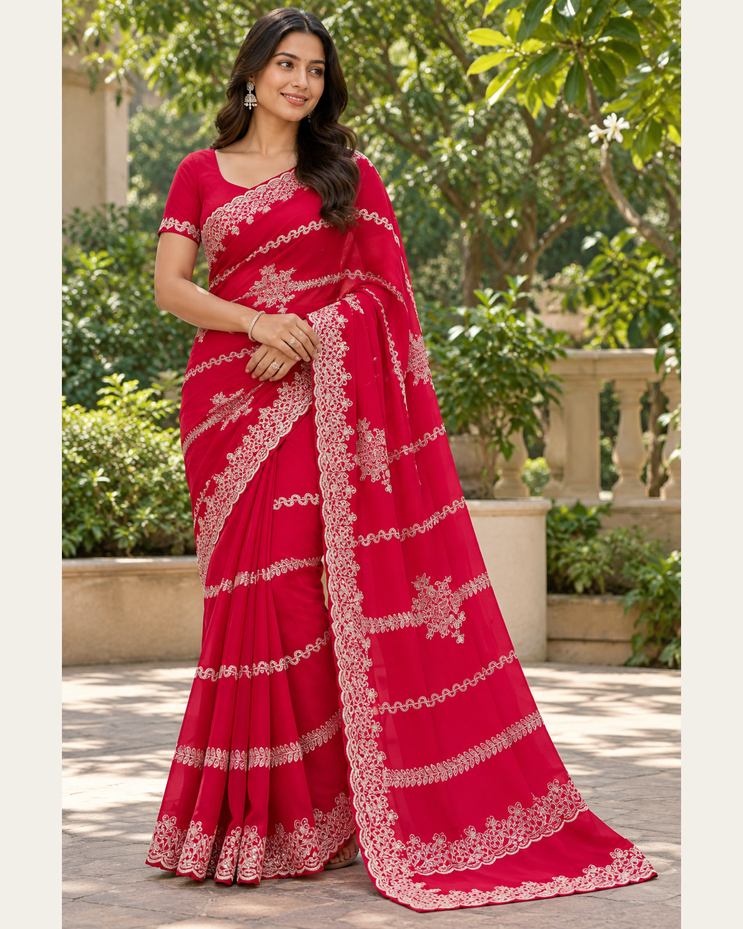 Red Embroidered Saree with Matching Blouse