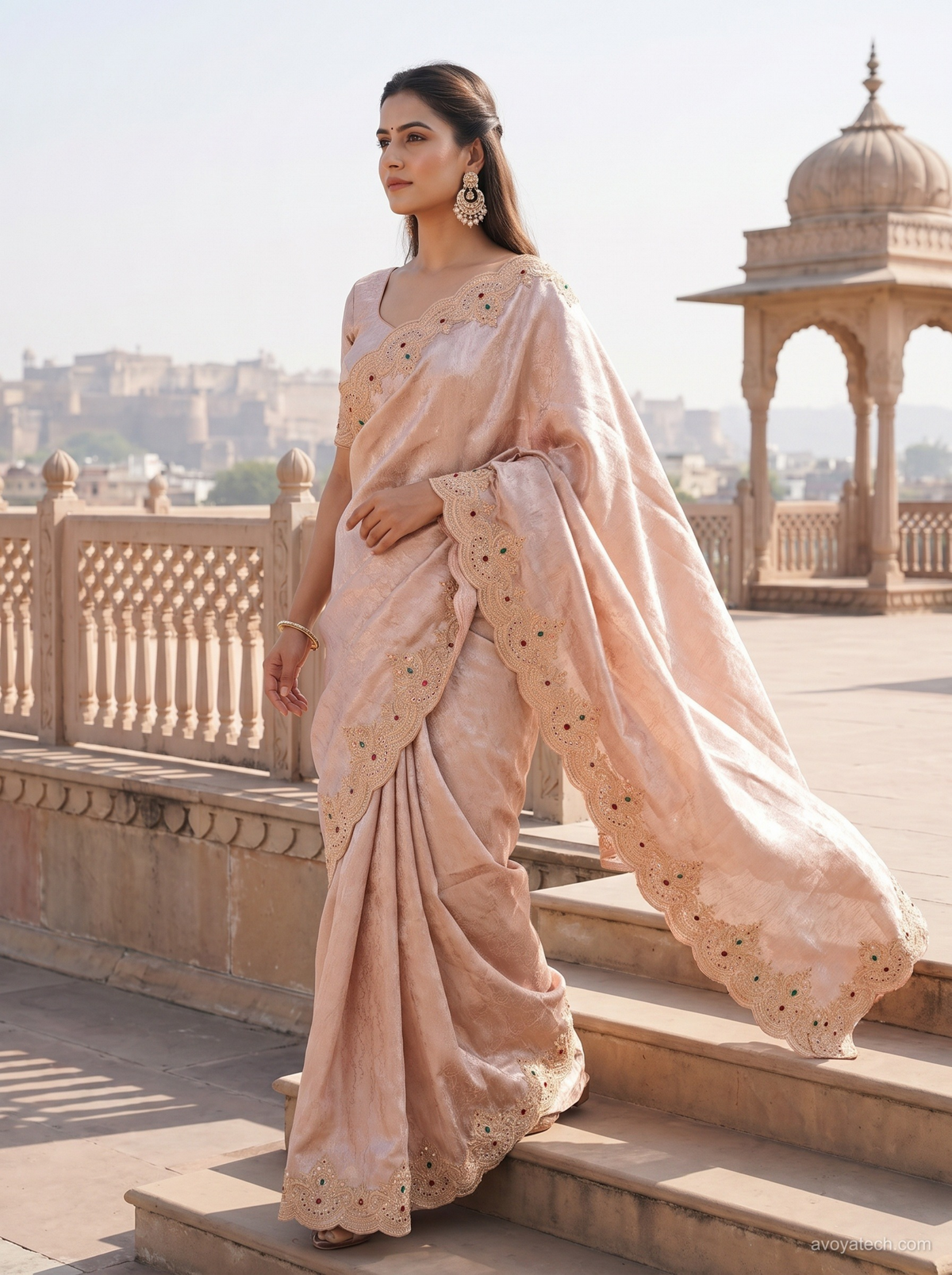 Blush Pink Champagne Tissue Silk Saree with Multi-Stone Scalloped Cutwork Border