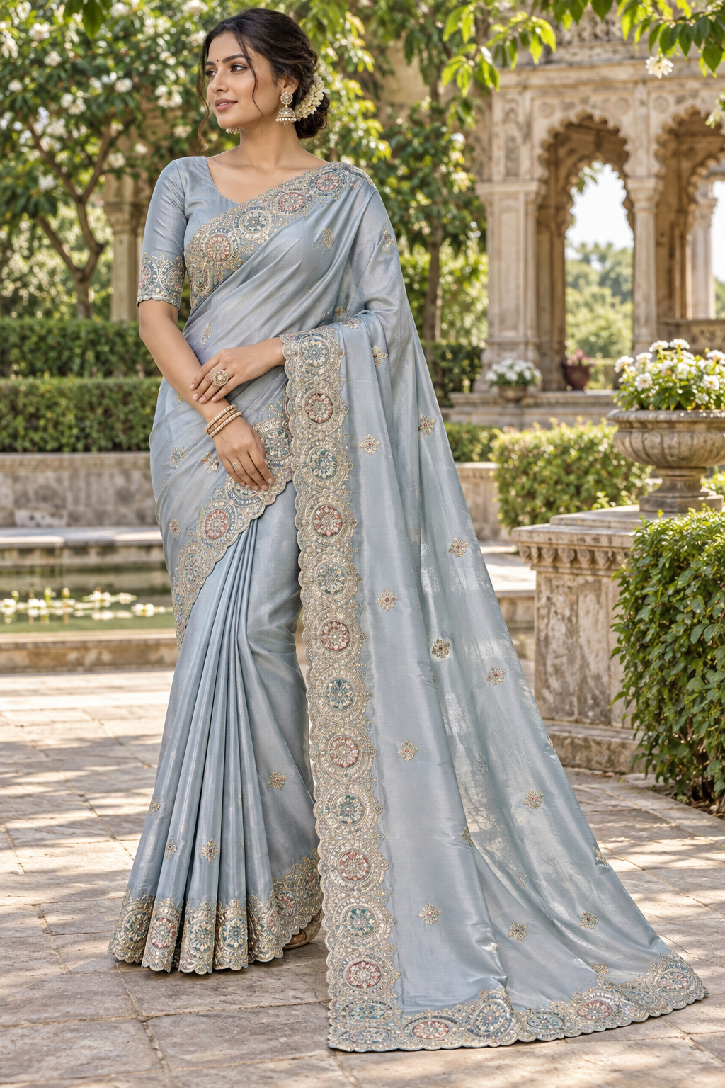 Serene Powder Blue Tissue Silk Saree with Meenakari Medallion & Scalloped Zardozi Border