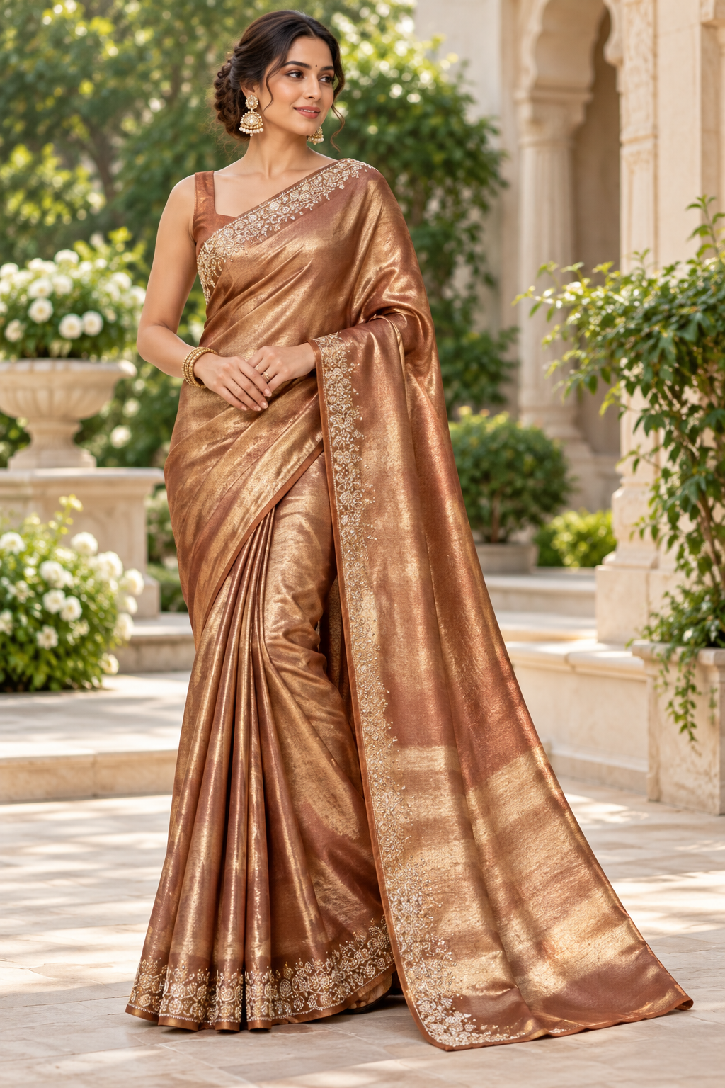 Luminous Bronze Gold Tissue Silk Saree with Delicate Silver Zardozi Vine Border & Matching Blouse