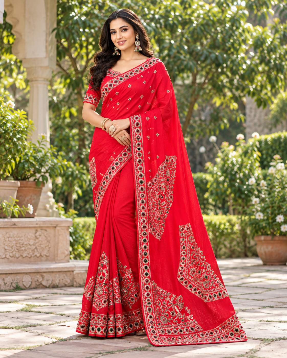 Vibrant Red Embroidered Silk Saree