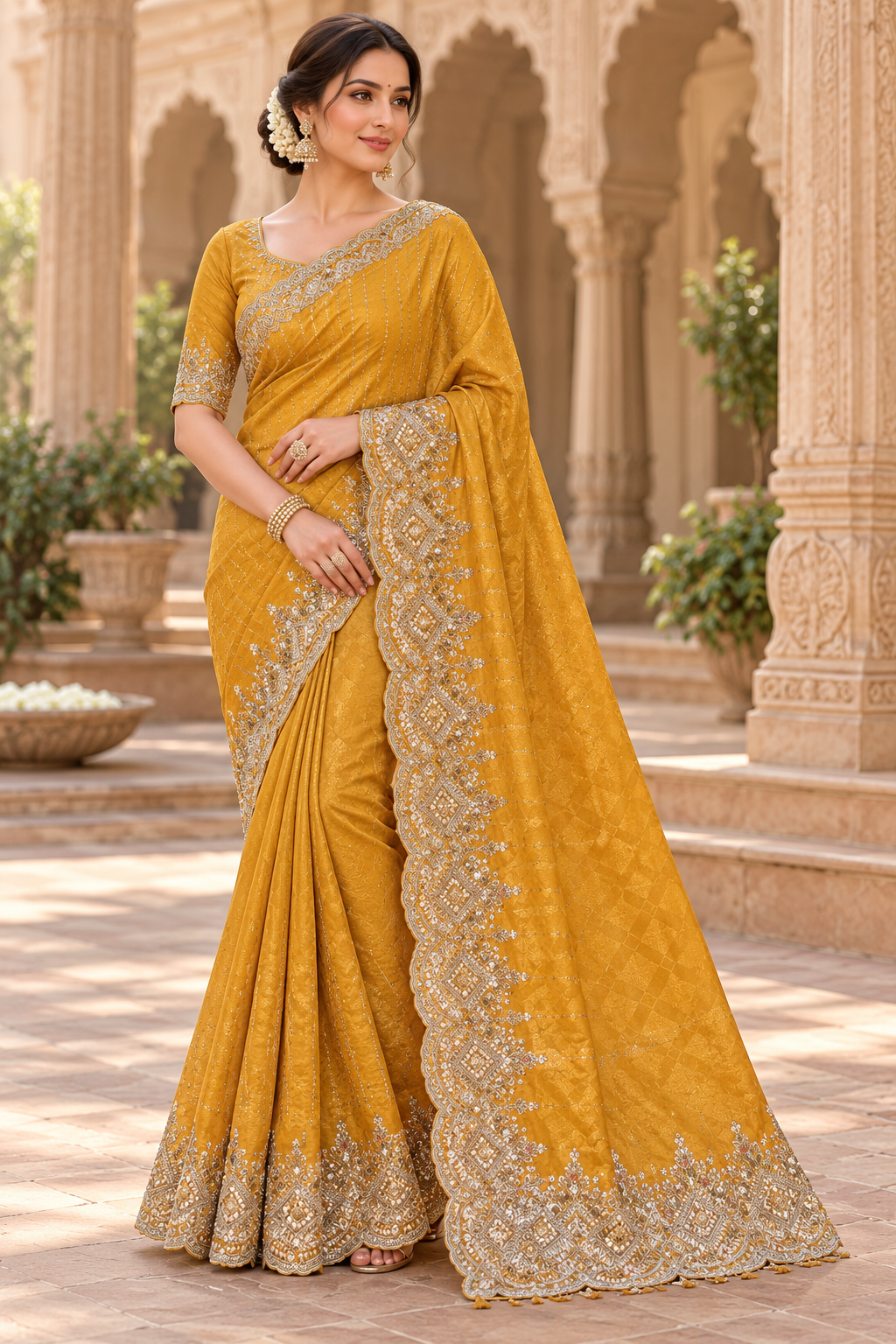 Mustard Yellow Geometrical Weave Saree with Heavy Zari and Sequins Border Main image