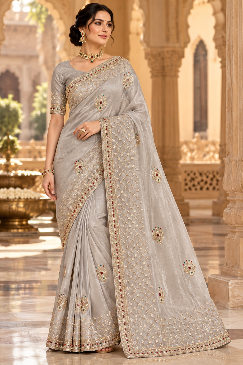 Silver Grey Sheer Embroidered Saree