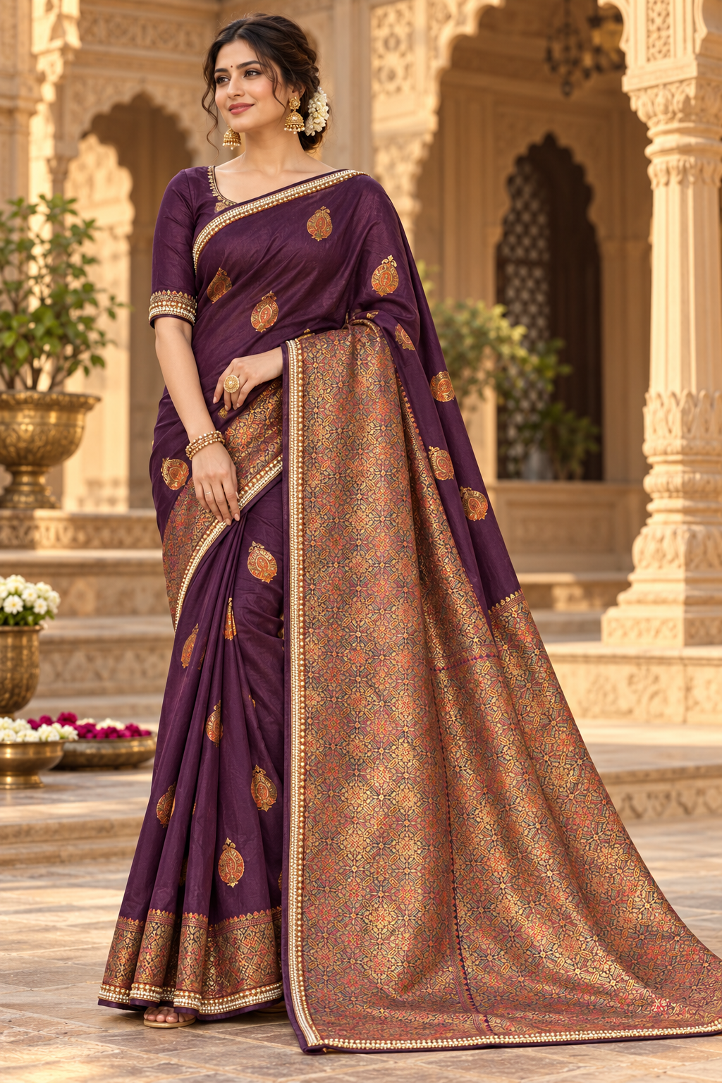 Deep Plum Brocade Saree With Traditional Paisley Motifs