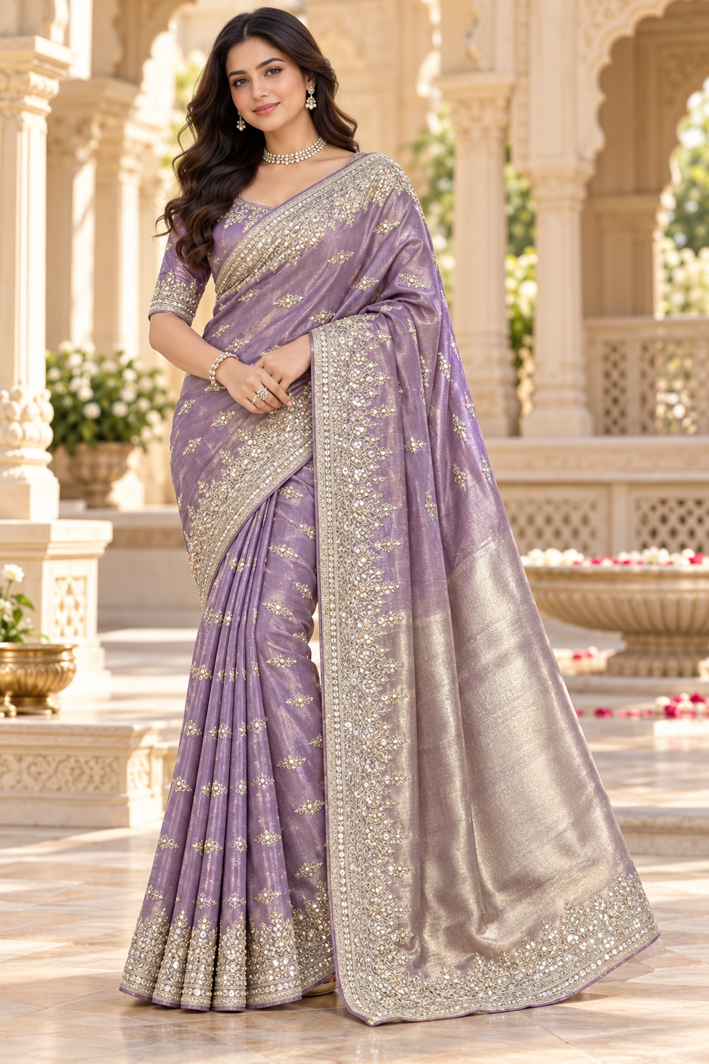 Graceful Lilac Embroidered Tissue Silk Saree