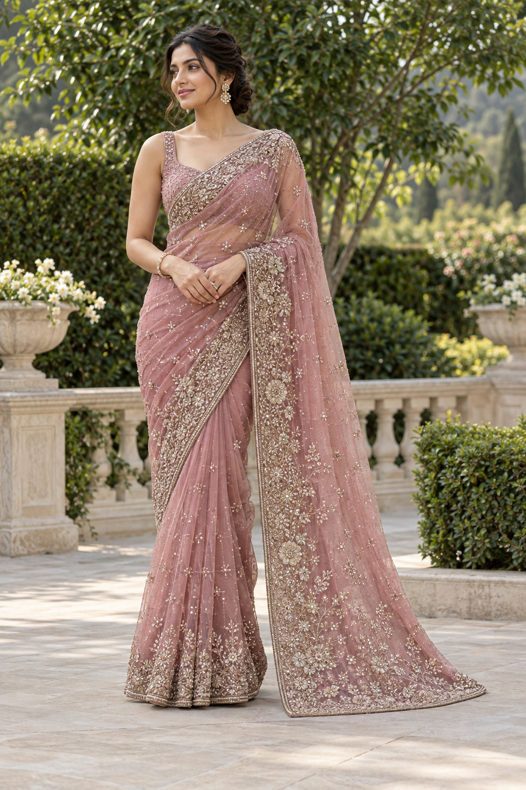 Dusty Pink Net Saree with Heavy Zari and Sequin Embellishments
