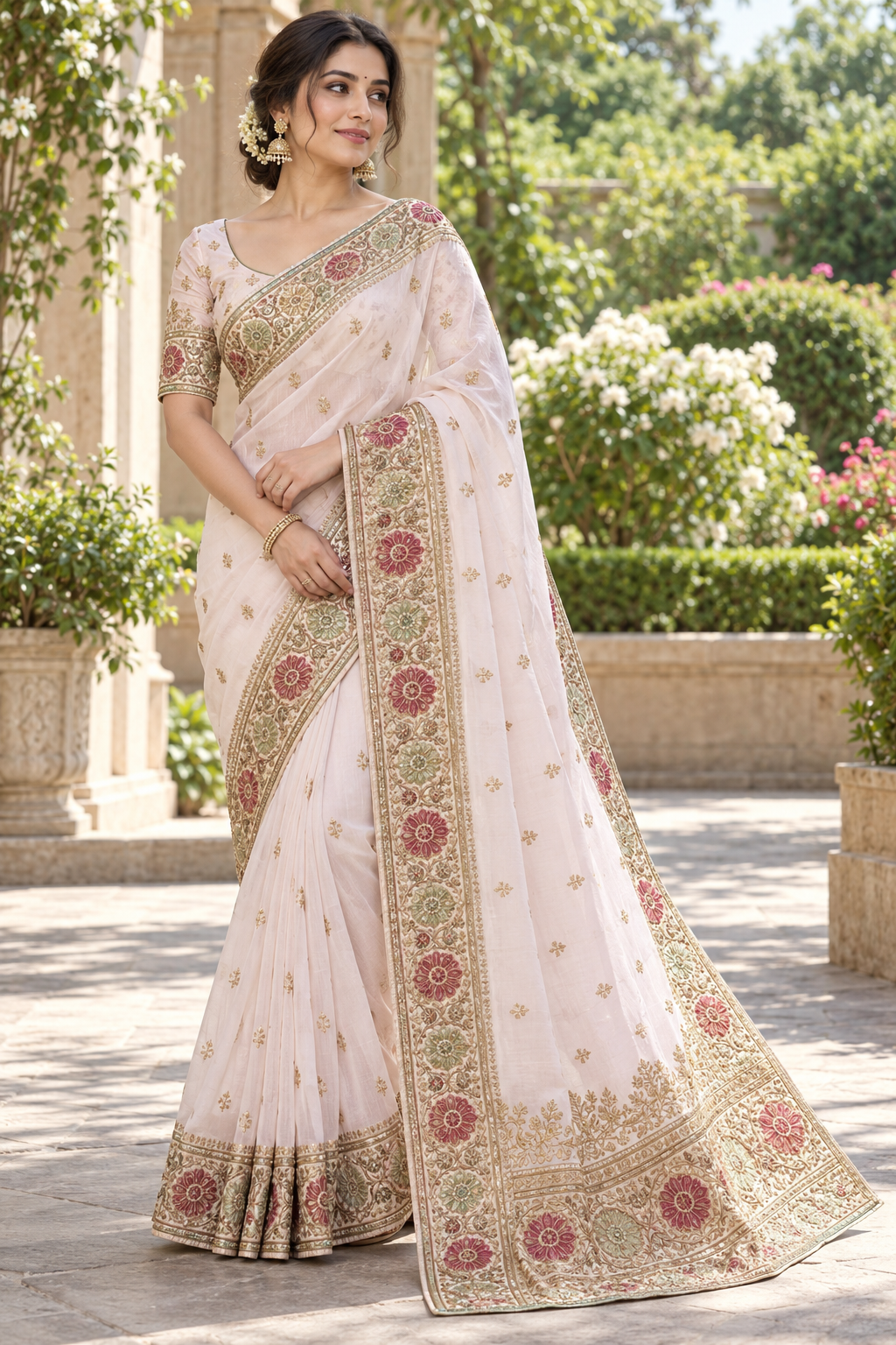 Blush Pink Floral Embroidered Saree