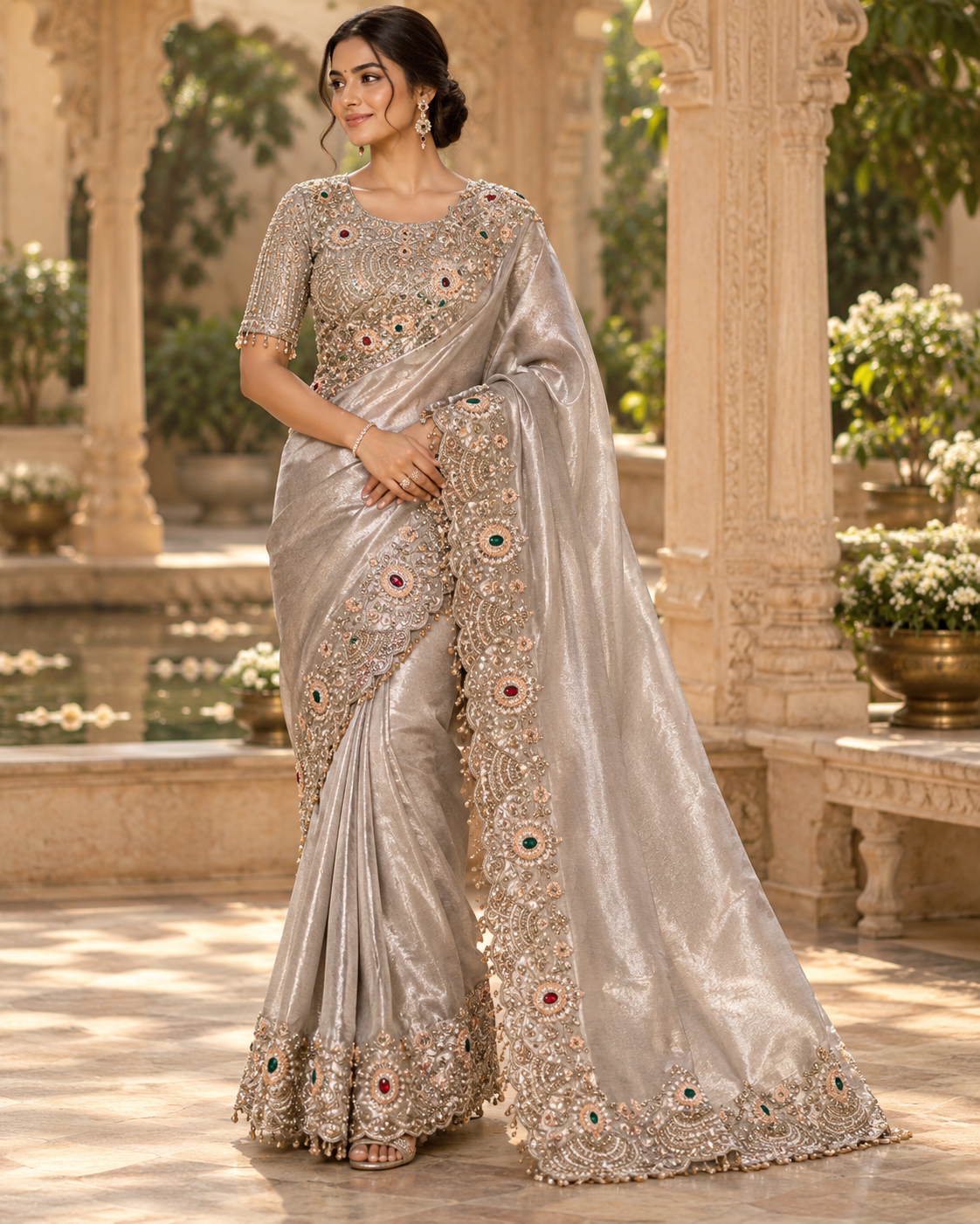 Champagne Gold Beaded Border Saree