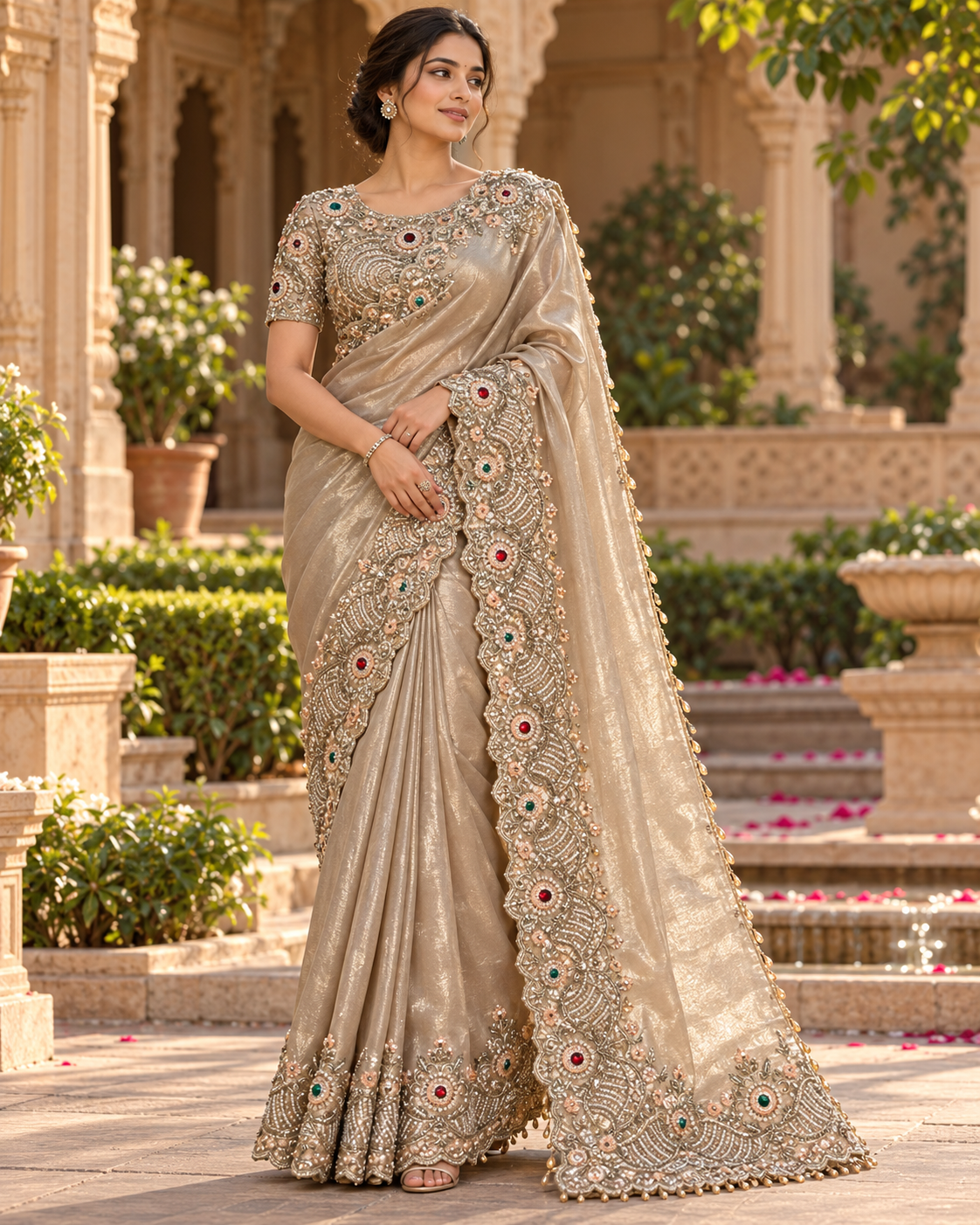 Champagne Gold Beaded Border Saree
