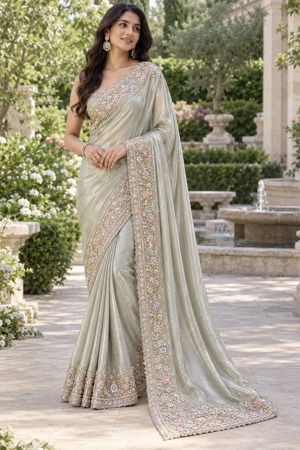 Sage Green Floral Embroidered Saree Main image
