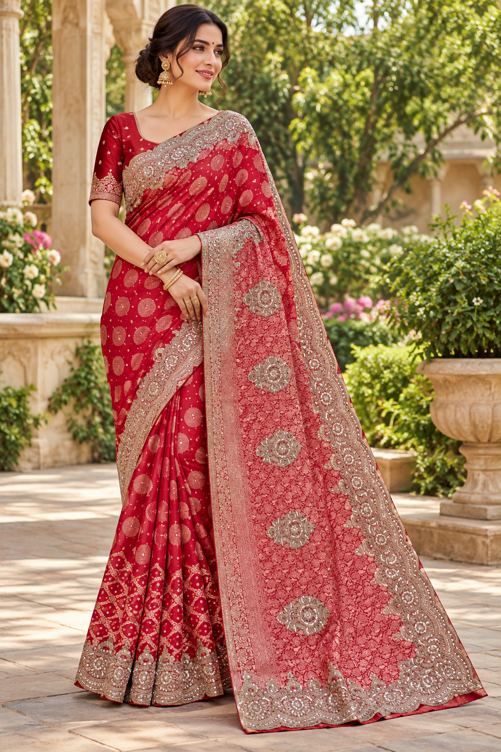 Regal Crimson Embroidered Silk Saree
