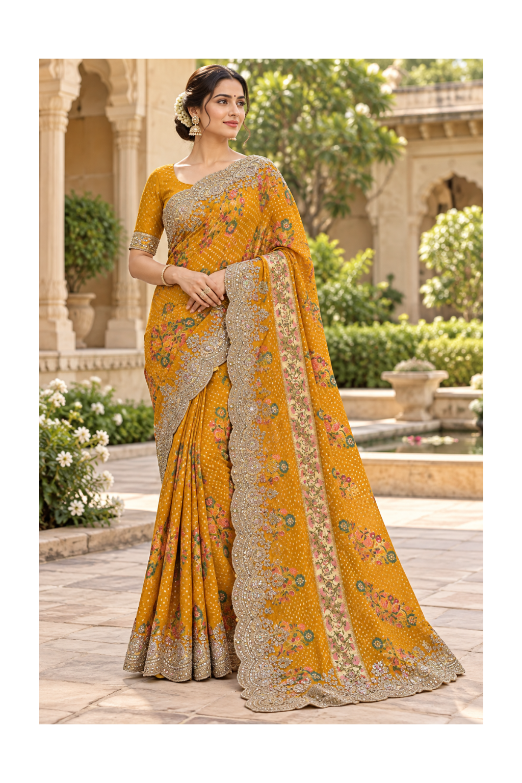 Mustard Yellow Bandhani Floral Embroidered Saree Main image