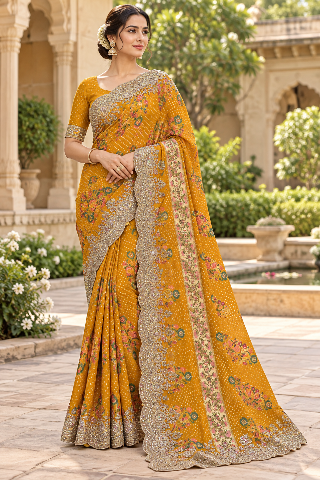 Mustard Yellow Embroidered Georgette Saree