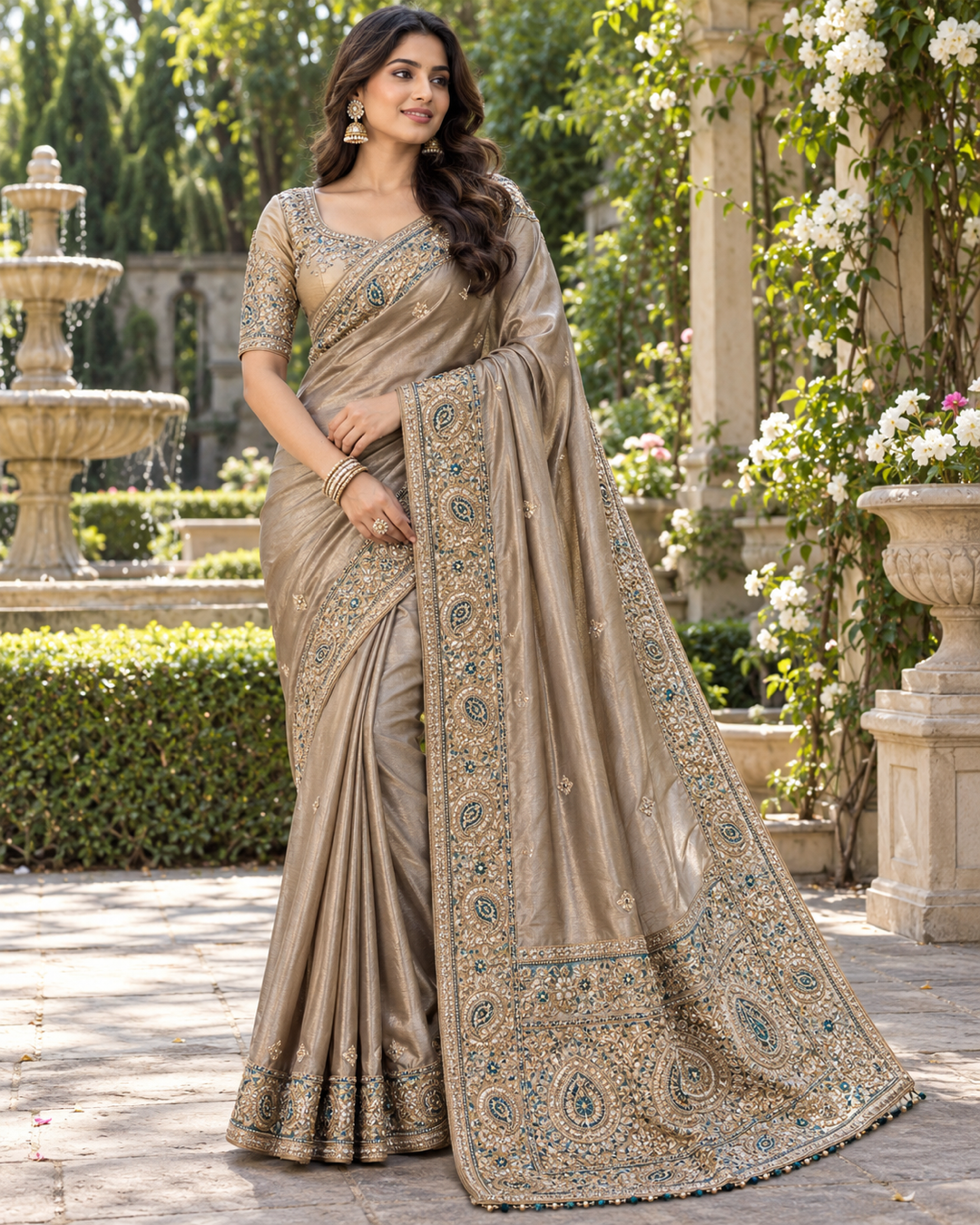 Warm Taupe Beige Silk Tissue Saree with Gold Zardozi & Teal Paisley Embroidery