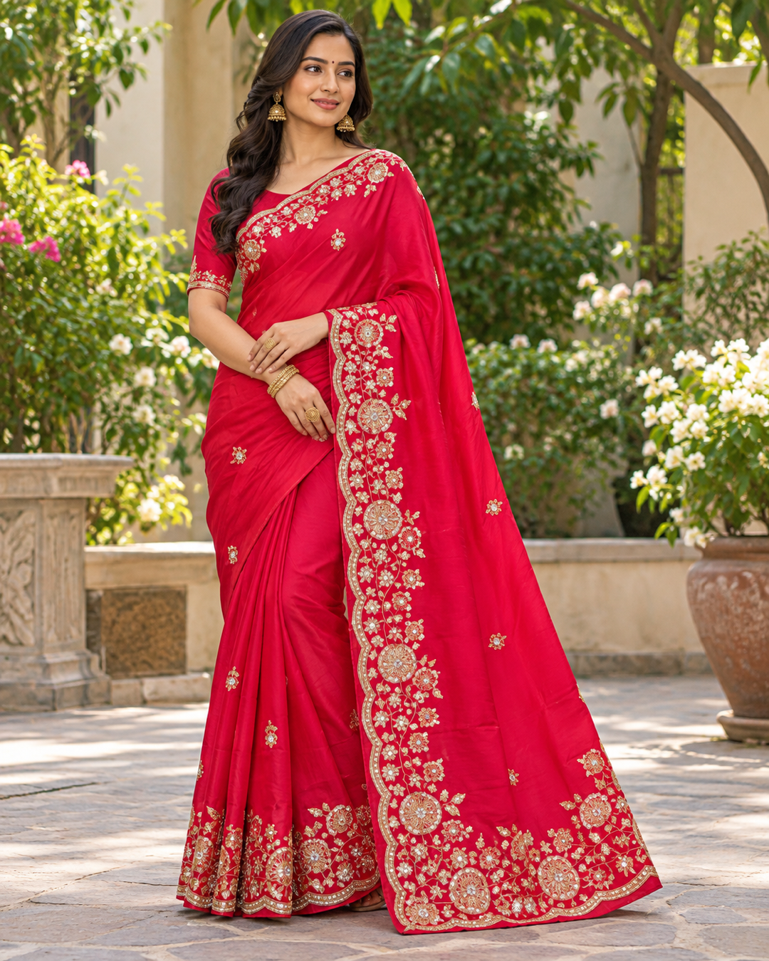 Red Silk Saree with Floral Cutwork Zari Main image
