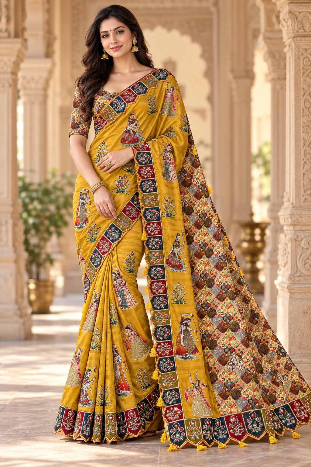 Mustard Yellow Figure-Motif Saree Main image