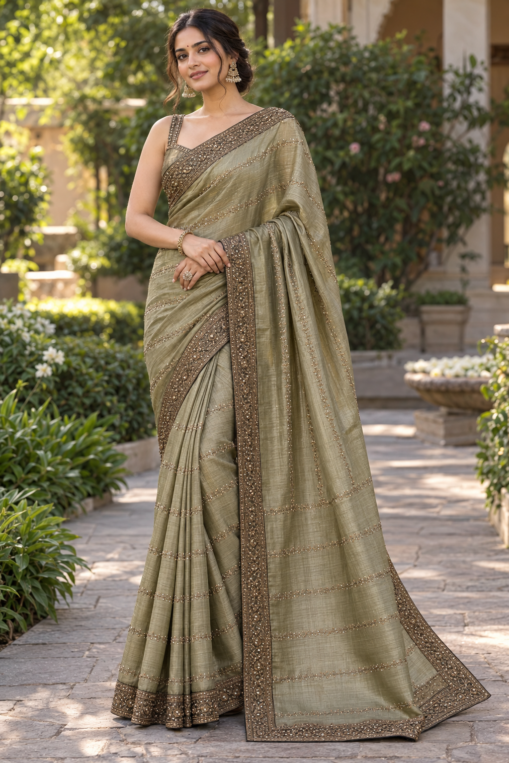 Olive Sage Tissue Silk Saree with Antique Gold Zardozi Stripes & Intricate Embroidered Border