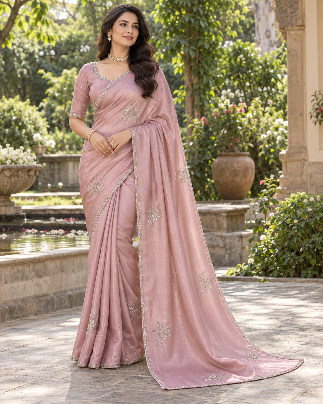 Soft Pink Silk Saree with Silver Zardozi Floral Medallions & Crystal Border