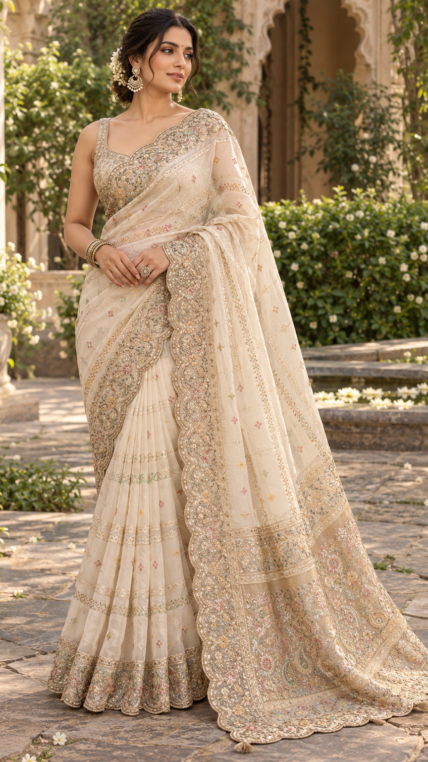 Pristine Ivory Organza Tissue Saree with Pastel Resham Embroidery & Scalloped Zardozi Border