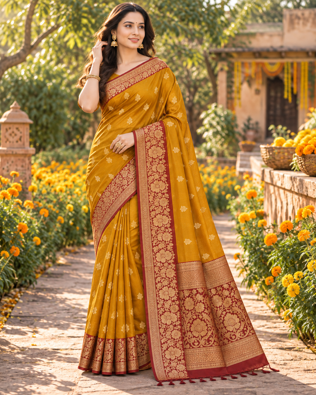 Mustard Yellow Saree with Floral Printed Border Main image