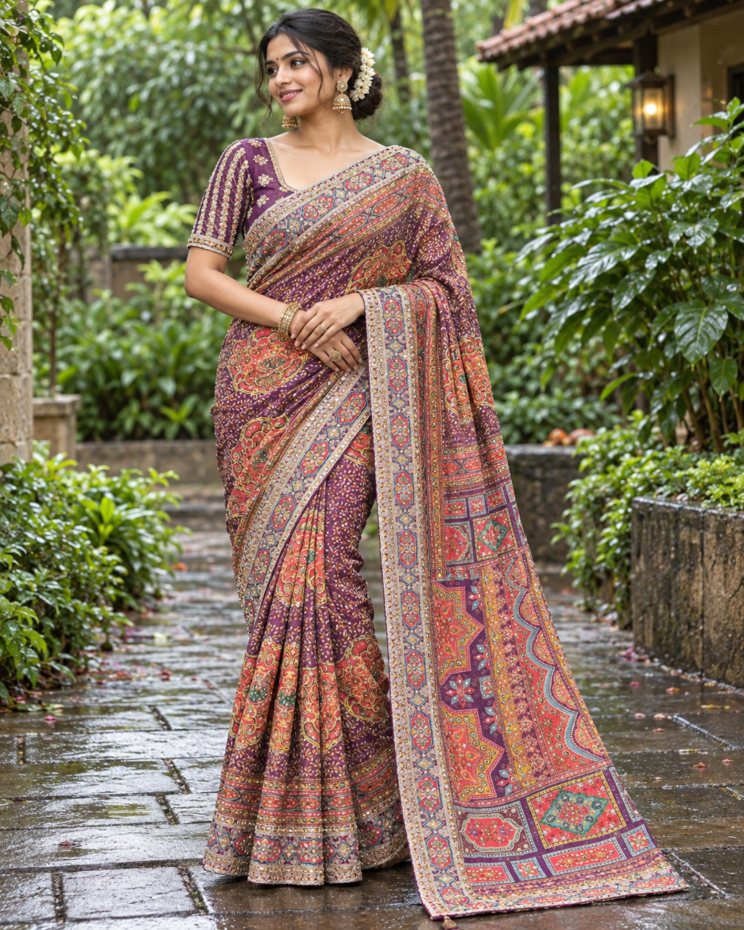 Maroon and Rust Orange Printed Saree with Floral Border