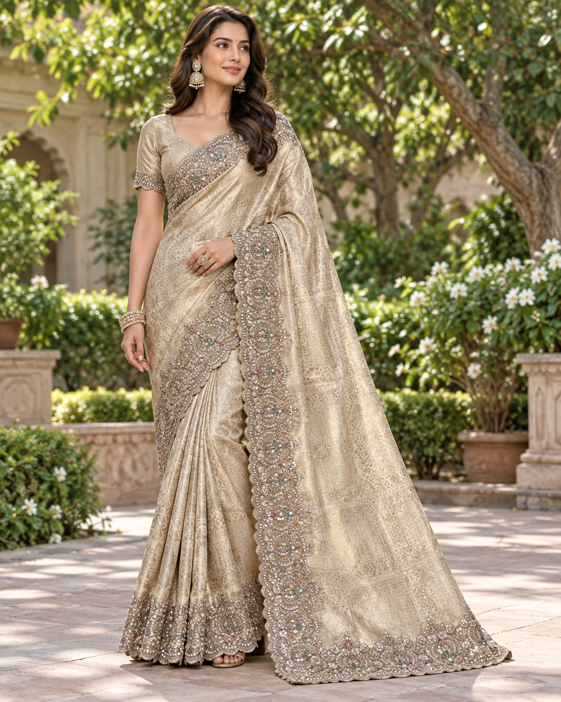 Beige Gold Embroidered Tissue Saree