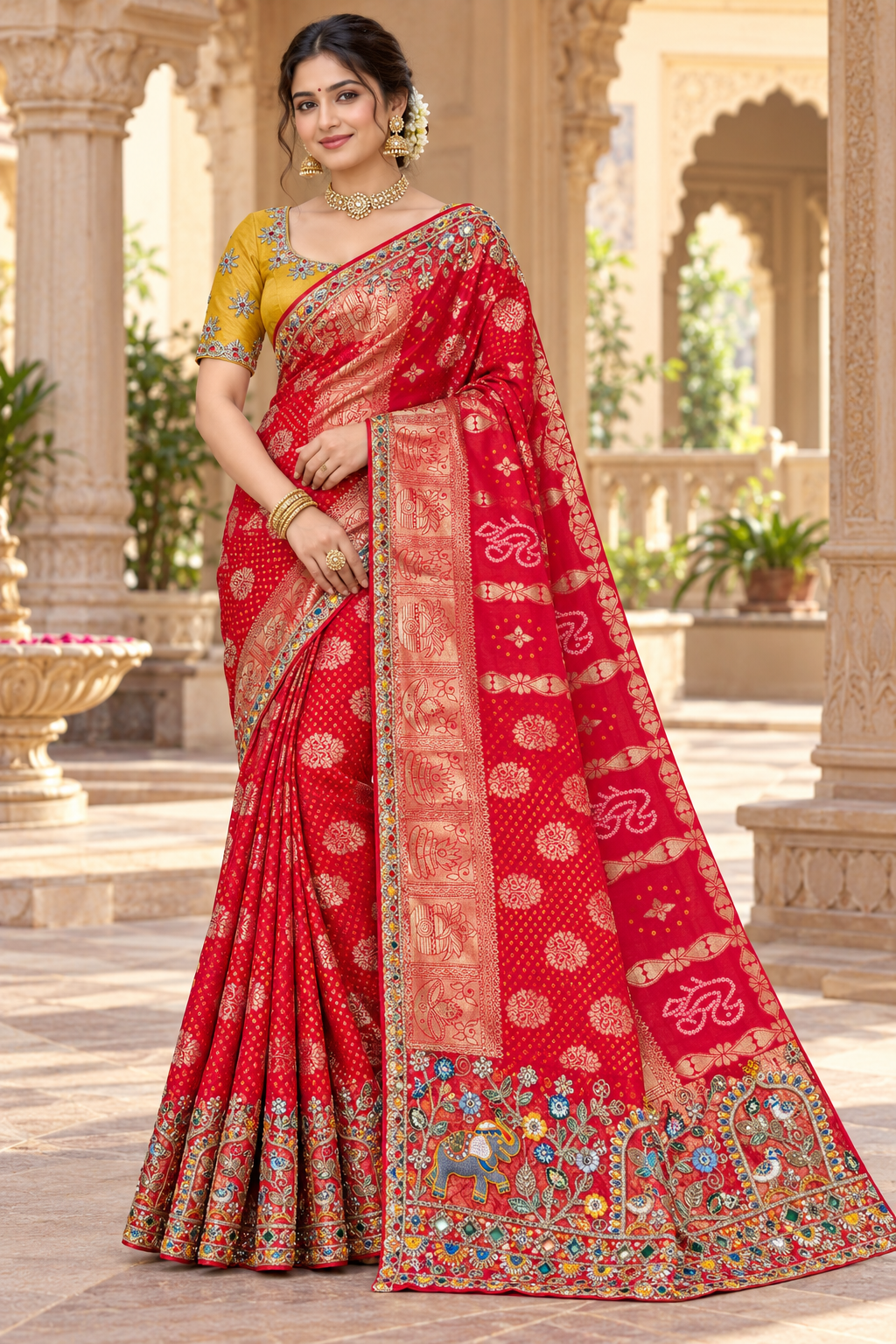 Radiant Red Bandhani Silk Saree Main image