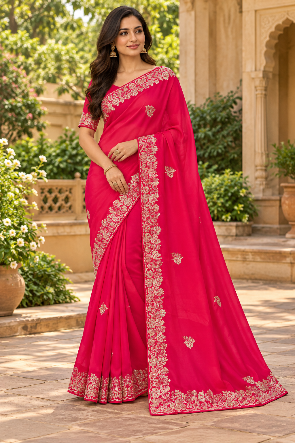 Vibrant Rani Pink Silk Saree with Silver Zardozi Floral Vine Border & Scattered Buttis Main image