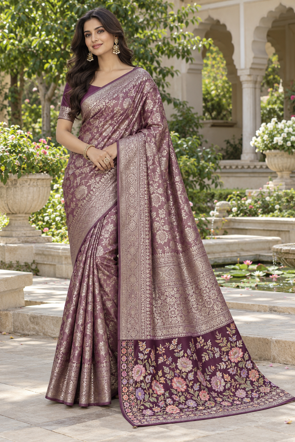 Royal Purple Silk Saree with All-Over Floral Jaal & Pink Meenakari Zari Border